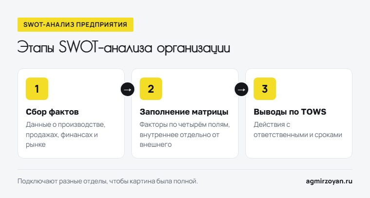 Этапы SWOT-анализа организации: сбор фактов, заполнение матрицы, выводы по TOWS